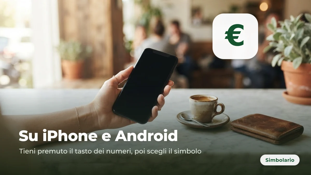 Mano con smartphone al banco di un bar: come scrivere il simbolo euro su iPhone e Android tenendo premuto il tasto delle valute