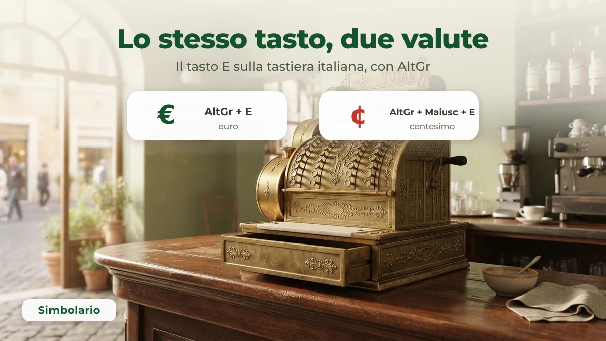 Registratore di cassa in ottone in un bar italiano: il tasto E della tastiera italiana dà euro con AltGr e centesimo con AltGr più Maiusc