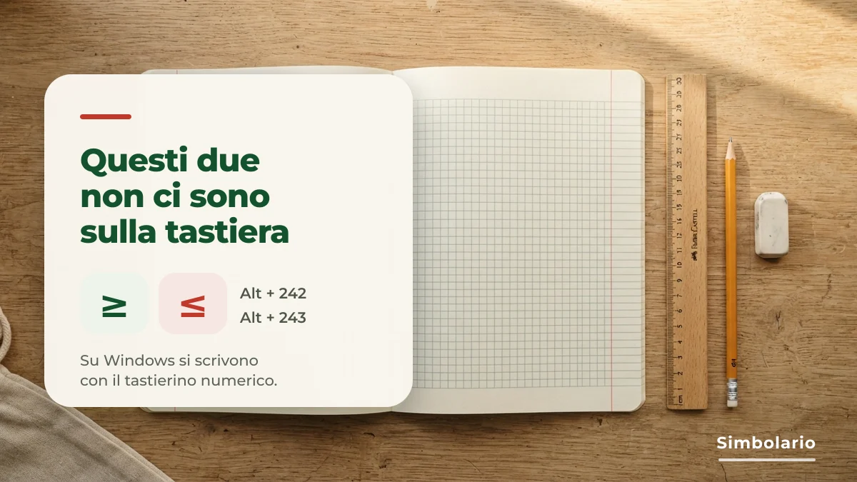 Come scrivere maggiore o uguale e minore o uguale Quaderno a quadretti e righello: maggiore o uguale e minore o uguale non sono sulla tastiera italiana, si scrivono con Alt 242 e Alt 243