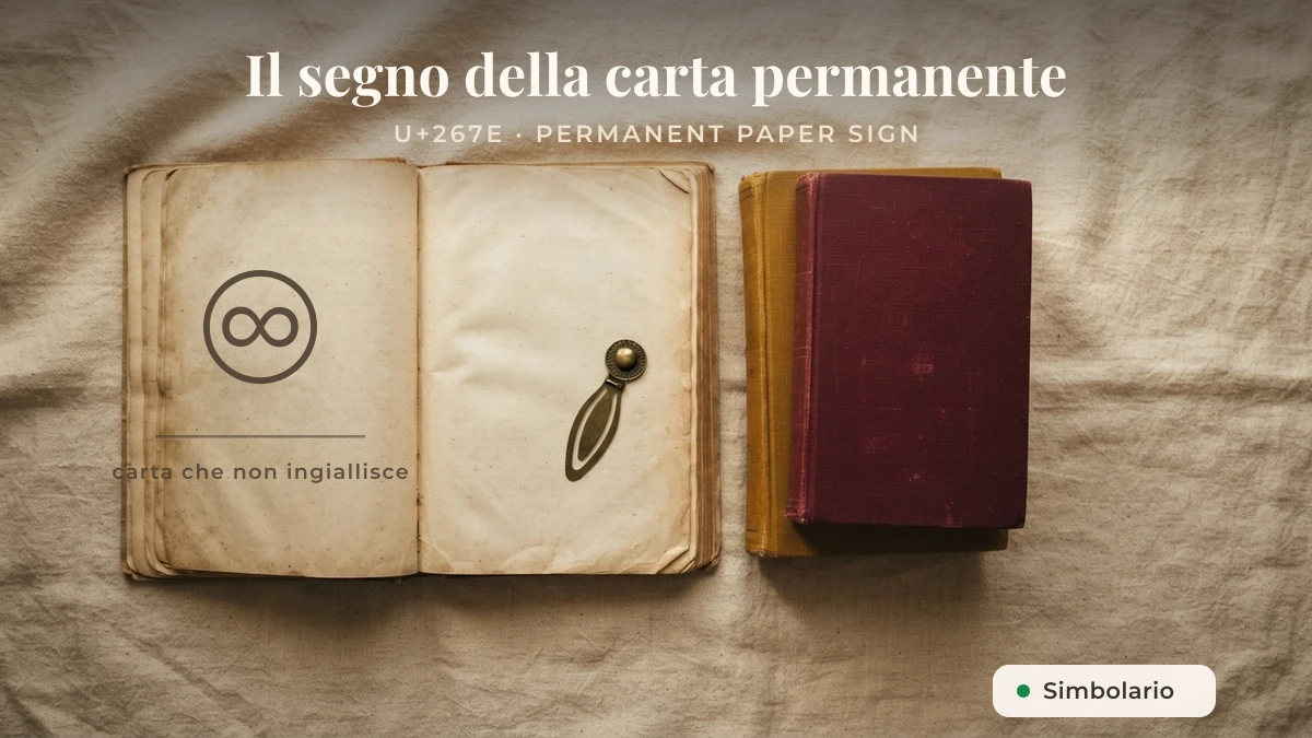 Libro aperto con il segno ♾ permanent paper sign U+267E stampato sulla pagina
