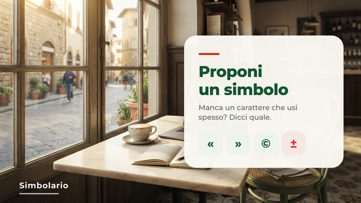 Tavolino di un bar italiano con quaderno e computer: proporre a Simbolario un simbolo o una pagina nuova