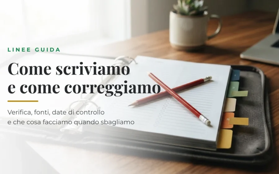 Raccoglitore aperto con checklist e matita rossa: le linee guida editoriali di Simbolario