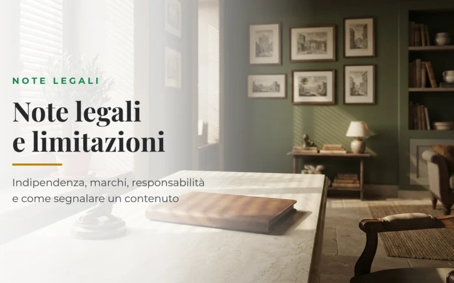 Studio italiano con cartella chiusa e fermacarte in ottone: le note legali di Simbolario