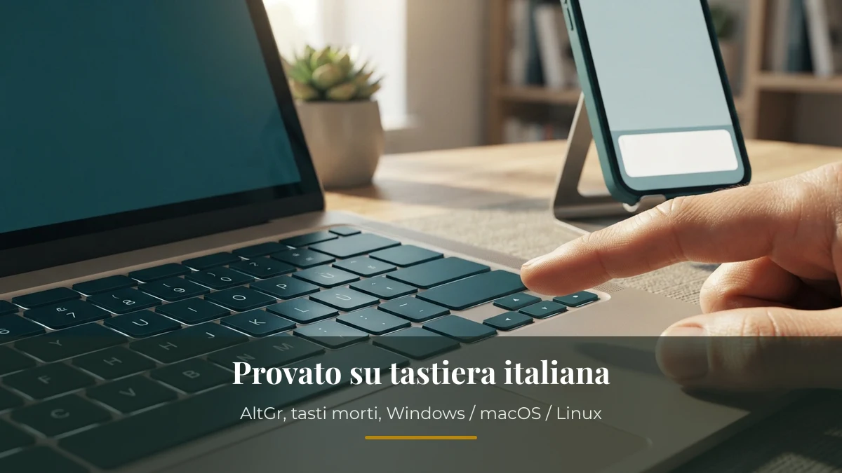 Tastiera di un portatile con layout italiano e telefono accanto, per provare scorciatoie e caratteri speciali