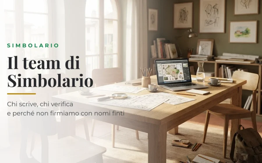 Studio editoriale luminoso con tavolo di legno e schede stampate: il team di Simbolario al lavoro