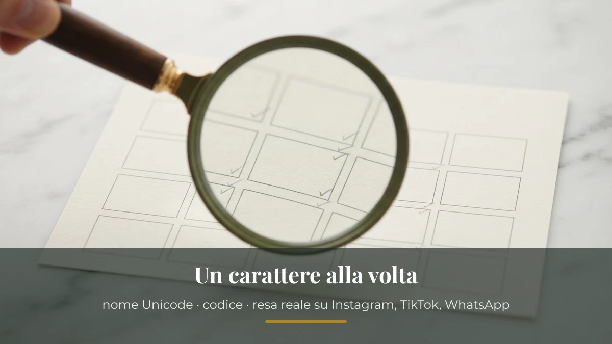 Lente d'ingrandimento su schede stampate, a rappresentare la verifica dei caratteri Unicode di Simbolario