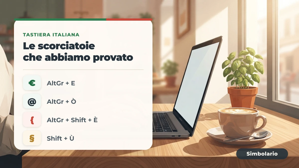 Le scorciatoie della tastiera italiana verificate da Simbolario Scheda con le scorciatoie della tastiera italiana: AltGr + E per il simbolo euro, AltGr + Ò per la chiocciola