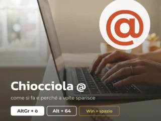 Chiocciola @ sulla tastiera italiana: AltGr + ò, Alt + 64 e Windows + spazio per ripristinare il layout, mani che scrivono sul portatile