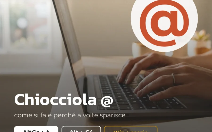 Chiocciola @ sulla tastiera italiana: AltGr + ò, Alt + 64 e Windows + spazio per ripristinare il layout, mani che scrivono sul portatile