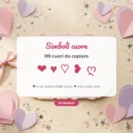 Simboli cuore da copiare ❤ ♥ ♡ su un biglietto bianco fra cuori di carta rosa e lilla