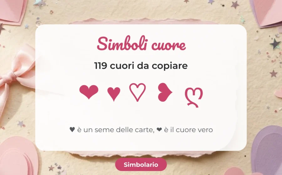 Simboli cuore da copiare ❤ ♥ ♡ su un biglietto bianco fra cuori di carta rosa e lilla