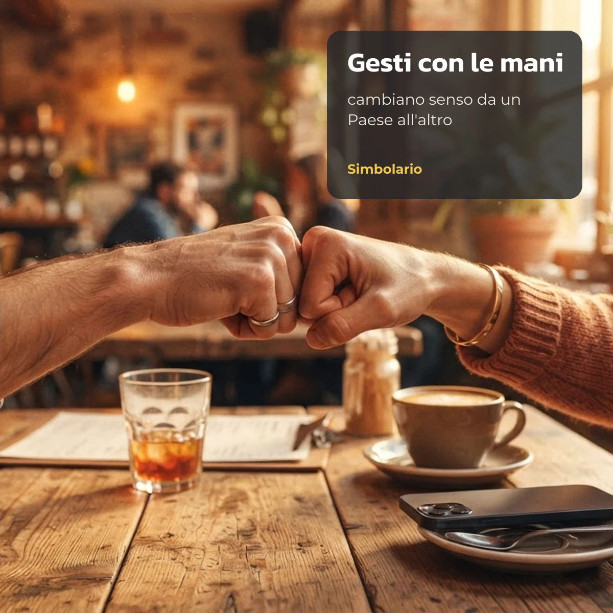 Significato delle emoji dei gesti con le mani: due pugni che si toccano sul tavolo di un bar