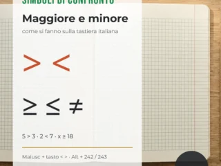 Simboli maggiore e minore > < e maggiore o uguale ≥ ≤ su un quaderno a quadretti, con le scorciatoie della tastiera italiana