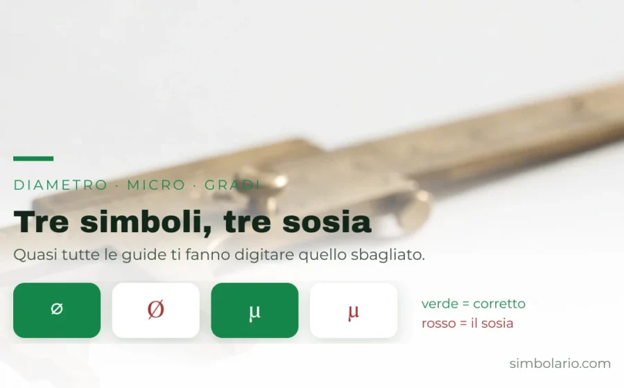 I simboli corretti di diametro micro e gradi accanto ai caratteri sosia